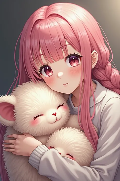 realistic modern anime style, a pretty young girl with pink braids holding a fluffy sleeping monster, cute