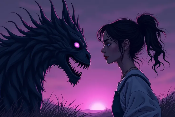  CREATE AN IMAGE OF A PRINCESS AGAINST A NIGHTMARISH MONSTER FACE TO FACE IN PROFILE IN PURPLE TONES,  WITH A DARK SKY BACKGROUND AND A QUICKSAND FLOOR , I WANT LINEAR ILLUSTRATION BUT WITH EXACT DETAILS