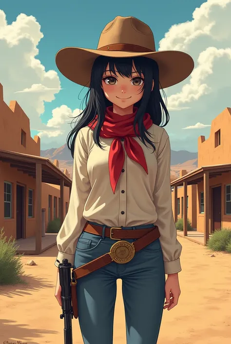  Anime girl with black hair set in the wild west.  A drawing that is not too complex or with many details ,  with the hat and with a gun in the pocket , as well as the typical clothes .  The background must be a town in the desert of New Mexico  