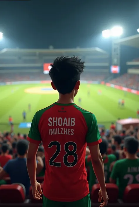 A 20 years old boy is watching Bangladesh cricket match on. the boys name is SHOAIB and jersey number 28 is written on the jersey