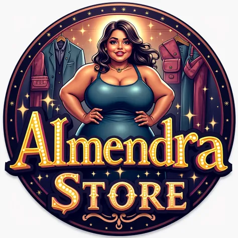  Create a circular logo written that says ALMENDRA STORE  , personalized letters  , creative font  , ornaments in letters  ,  background fashion accessories  ,  A sturdy woman with extra kilos  , overweight , chubby ,  with a beautiful face dressed fashion...