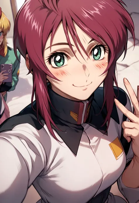 animeソース　（anime）　（ Official Art）　（ Very detailed）　 high definition 　 High Quality 　Lunamaria Hawke Mobile Suit Gundam SEED　woman　blush　 selfie 　smile