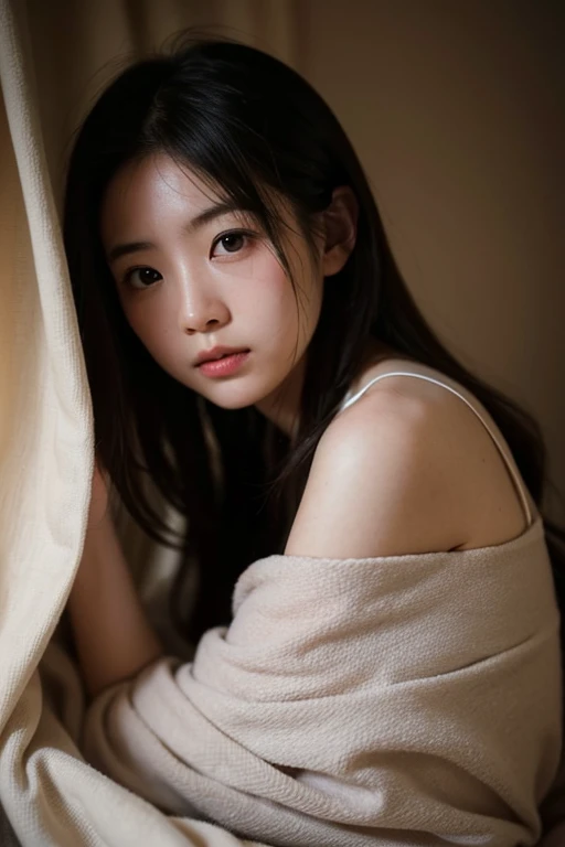 A Japanese woman talks to viewer hiding under blanket like a tent, Her upper body is visible in the blanket, Photo taken inside the blanket, super-close up shot, It creates a cozy and secretive atmosphere.. Soft lighting adds intimacy to the scene, It high...