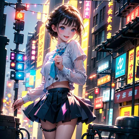 1girl, pretty face、Baby Face、((( dynamic best composition 、 best quality、 greatest masterpiece、 perfect anatomy 、 super detailed、 high definition)))、 neon light、 Vivid Neon Color Palette、Box Pleated Mini Skirt 、Diamond、 electric guitar in a beautiful citys...