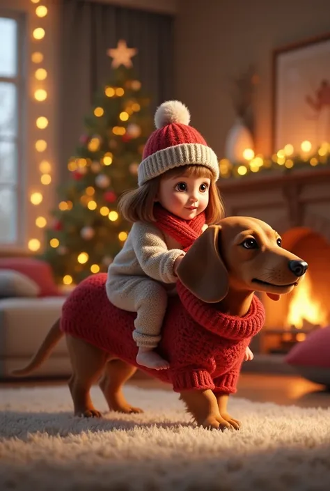 A giant miniature dachshund with floppy ears wears a knitted red scarf and a matching pom-pom hat as it trots gently across a cozy living room. The cute young girl, dressed in fuzzy pajamas, sits on the dog’s back, holding onto its scarf like reins. Around...