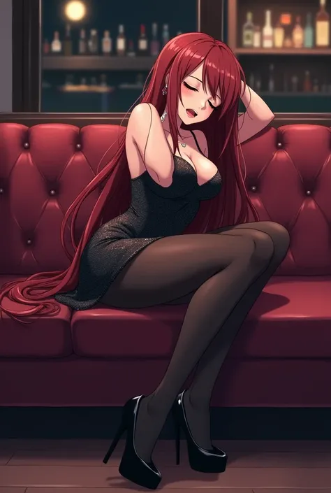 An anime-style illustration of a 30-year-old mature tall female older sister-type character with long dark red-brown hair, wearing a short, sparkly party dress, opaque black pantyhose, and black high-heeled pumps.  The character is seated on a sectional.  ...