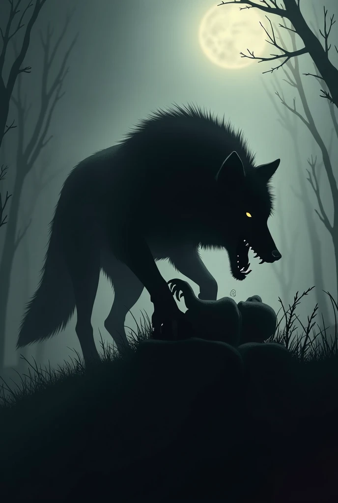 Silhouette of a wolf devouring an animal