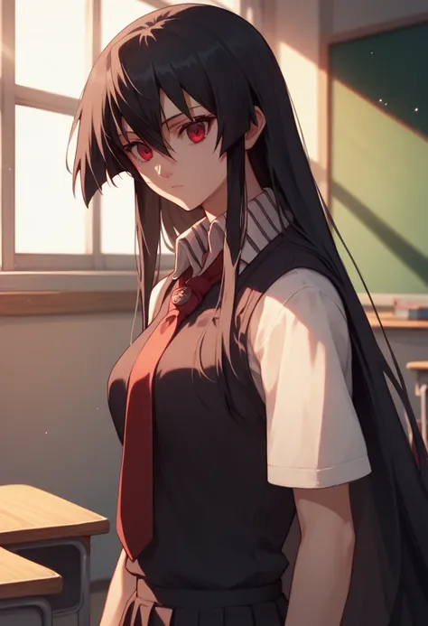 1girl, solo, wearing Japanese school uniform, akame, long hair, black hair, red eyes, hair between eyes, standing in a classroom, bright sunlight coming through the windows, soft shadows, highly detailed, anime style, vibrant colors