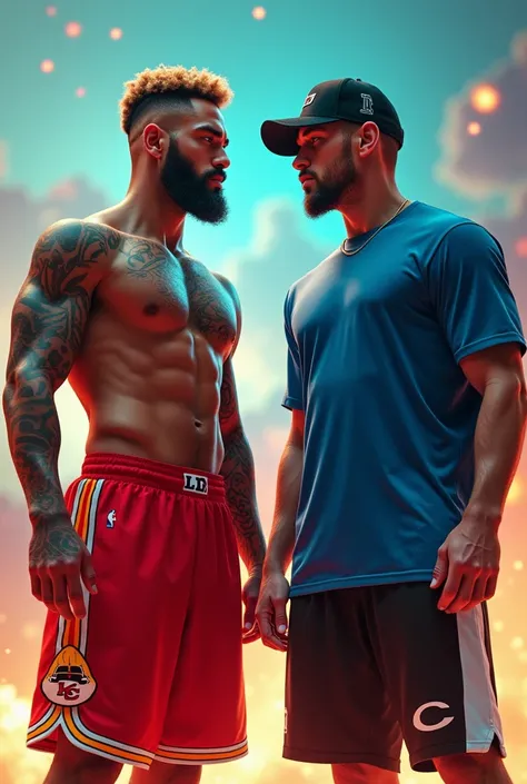 Travis kelce and Eminem  in red basketball shorts wearing blue and black shirt 
