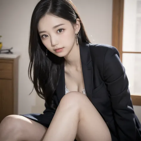  (Wearing an expensive coat and suit),  ,(  best quality :1.2), (masterpiece:1.2), whole body,  very detailed,  high definition , 8k, (( 1 girl)), cute Japanese Woman, cute 24 year old beauty,  body adorning earrings , ( slightly saggy medium chest ), Thin...