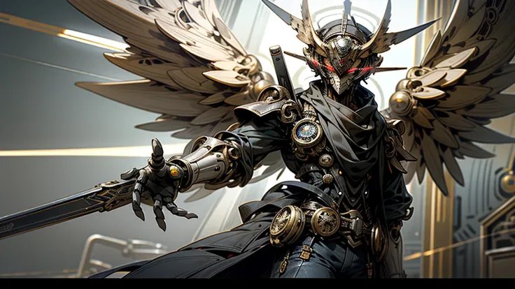 male,  robot  ,   cyborg, (humanide), semi-mechanical  ,   Ulron  ,   robot  ic wings, (gear), ( Steampunk ), Biography, red eyes,   robot  ic wings,(alas de   owl under guard ),   robot  , human,   owl under guard , roll,   nuchakorns main weapon 