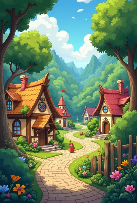 Describe the setting of the story, including the village and the forest.  To generate cartoon image 