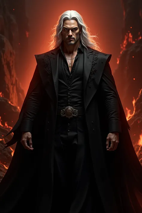 Create a handsome and attractive prince of hell who looks like Henry Cavill, has long white hair, wearing a long, elegant black robe