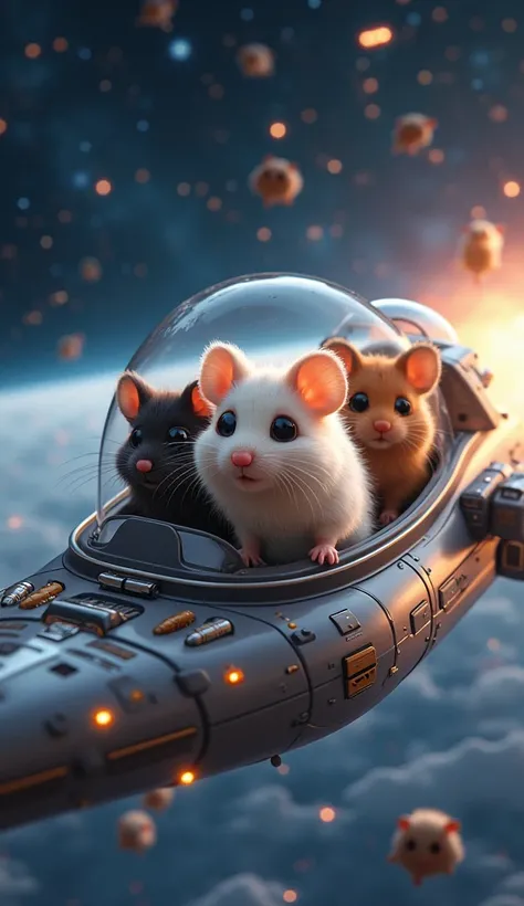 make 3 cute hamsters, white, black and brown, touring outer space driving a sophisticated spaceship and being chased by 6 fierce hamster enemies Full body aesthetics, 4K HD quality