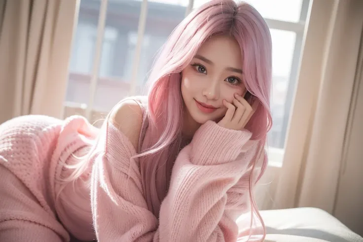 （（ best quality、masterpiece、photograph、8k））、（（ 1 woman、 Her hair is very long 、 my hair is pink、Long eyelashes、 soft lips 、Fair skin、Kindly smiles ））、（（ she is wearing a long sleeve dress））、indoor