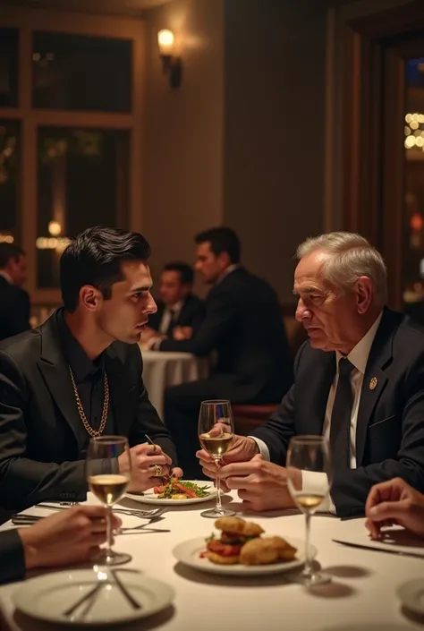  Creates a scene in an exclusive luxury restaurant ,  with a sophisticated and high-end atmosphere .  in the center of the table ,  the Mexican Mafia boss ,  A 30-year-old man ,  he finds himself dressed in a dark designer suit ,  with an impeccable cut th...