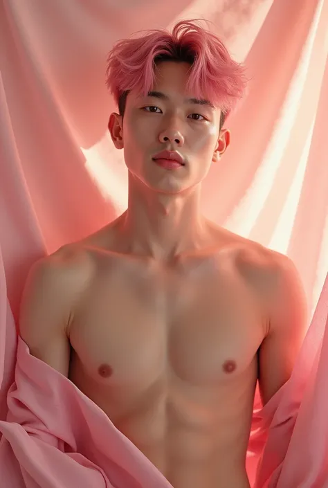 Adorable Asian boy, pastel pink hair,  shirtless , soft leather, limelight,  cute pectorals , of age,  25 years, light skin 