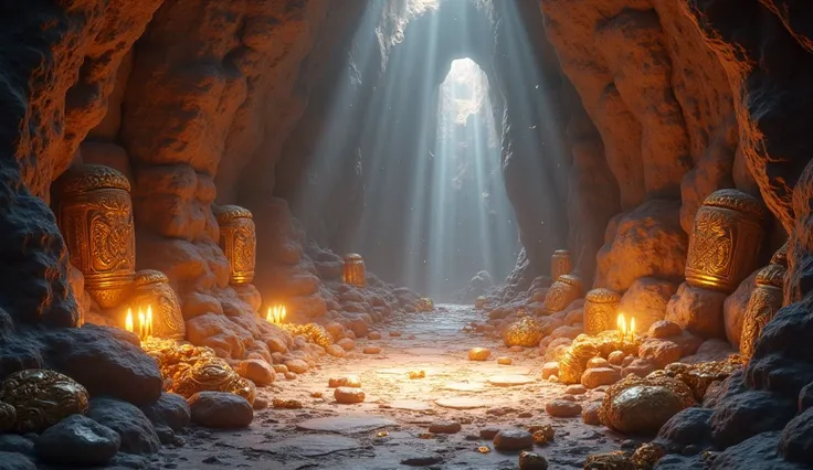 In 3D animation style: "A hidden cave filled with ancient treasures, including glowing crystals, gold, and enchanted relics from the past