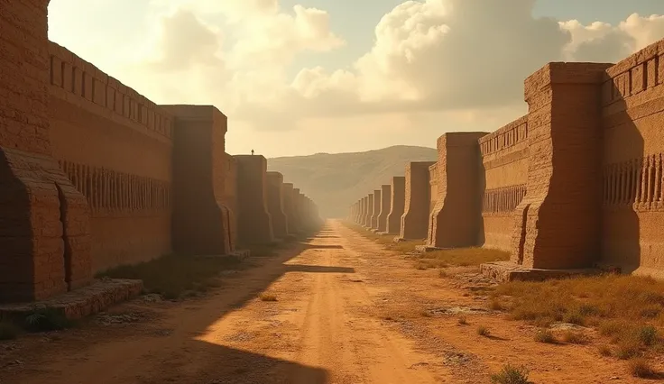 "A dramatic view of the ancient Benin Walls, longer than the Great Wall of China, with traditional earthwork structures, highlighting the monumental architecture and engineering of the Benin Kingdom."