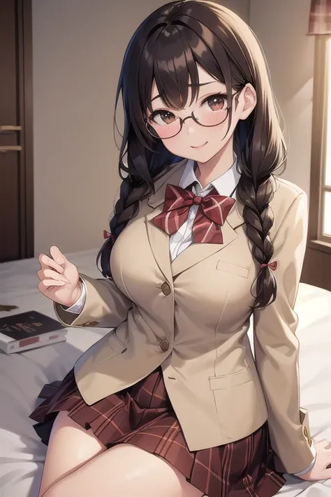   Masterpiece 、  best quality, beautiful、 Details、   1 girl、  Female College Student 、  slim figure、Mature look、 brown hair、 hair with braids、Big brown eyes 、smile、 blush、Pale lips、 Big Breasts 、  beige blazer to mop、  school uniform 、Akabuchis glasses、Red...