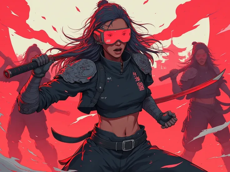 a woman with long hair and wearing digital red glasses and black croped top kimono with cyberweres and armors, she fights in 3D motion perspective view, she is in rage and anger and shouts, she is in a spatial depth of field fighting stance holding a red c...