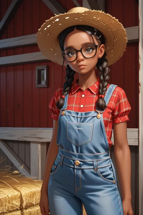 1girl, melanin skin, two long black braids, average looking, tall, glasses, skinny build, small breasts, light blue overalls, on a farm, red barn in background, flirtatious, Looking at viewer, ugly betty (ultra detailed, masterpiece) using hay to feed hors...