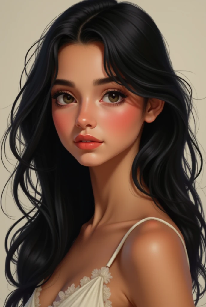 A girl with oval face tan brown skin medium lips long Greek nose almond eyes and black hair 