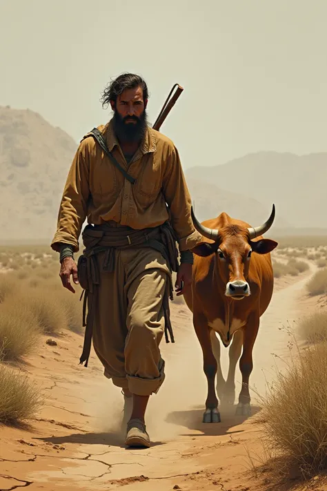 man leading a cow Walking to escape the drought