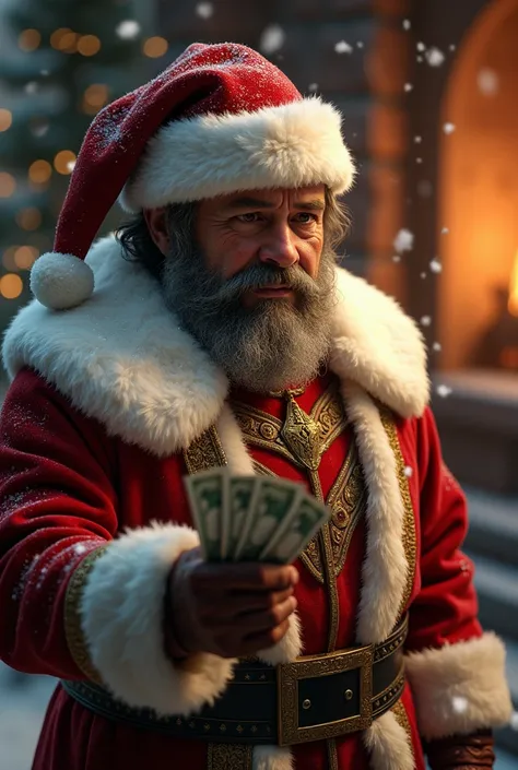 (photorealism:1.2), tyrion Lannister famous e character of game of thrones has became the Santa clause with holding $ in his hand tyrion lanister
