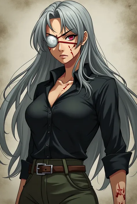  An anime-style woman , with scars on the skin, a patch over one eye,  long gray hair , with angry face,  about 40 years old , wearing a black blouse ,  and military pants 
