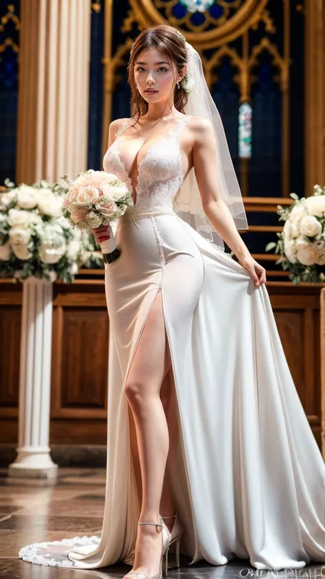 A beautiful young Japanese woman, 26 years old, with healthy thighs, beautiful legs, flawless skin, random hair color and style, large breasts, wearing a (wedding dress:1.3), full body shot, high heels, holding a bouquet in her hands, in a church setting, ...