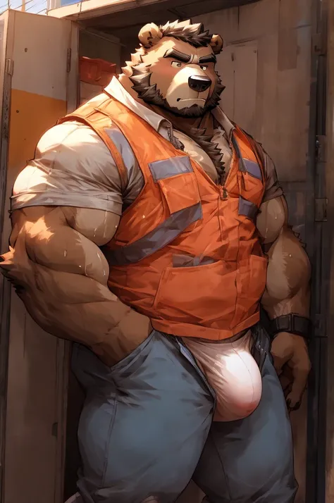 Furry, bear, man, muscular, fit, construction worker, high-visibility vest, shirtless, bare chest, very tight thongs, white thongs, big thongs bulge, sweaty thongs, sweaty, straining arousal, looking serious, looking grumpy, standing, inside a porta potty