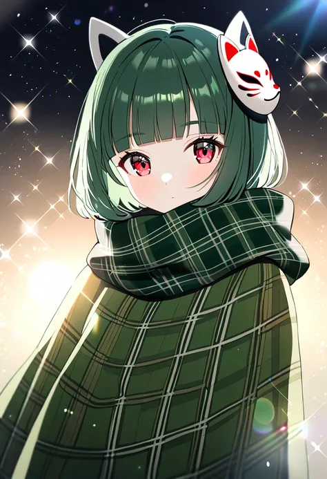 1girl, Alone, bangs, black green hair, short hair,Pale red eyes, eyebrows visible through hair, sparkle, glint, lens flare, plaid scarf, blunt bangs,aihara tsubaki（unseen）,Green off-shoulder kimono, muffler ,Fox Mask