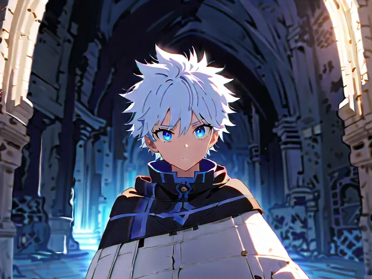 Satoru Gojo,   white hair ,  blue eyes,  blue eyes extremamente detalhado,   white hair , Black Cape, usando um Black Cape, Ruins in the background, Warm lighting,  strong lighting , White Lightning