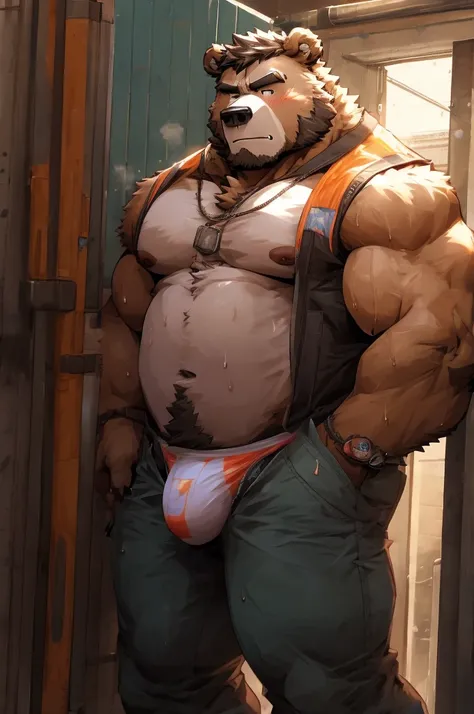 Furry, bear, man, muscular, fit, construction worker, high-visibility vest, shirtless, bare chest, very tight thongs, white thongs, big thongs bulge, sweaty thongs, sweaty, straining arousal, looking serious, looking grumpy, standing, inside a porta potty