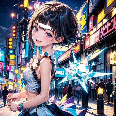 1girl, pretty face、Baby Face、((( dynamic best composition 、 best quality、 greatest masterpiece、 perfect anatomy 、 super detailed、 high definition)))、 neon light、 Vivid Neon Color Palette、Box Pleated Mini Skirt 、Diamond、 electric guitar in a beautiful citys...