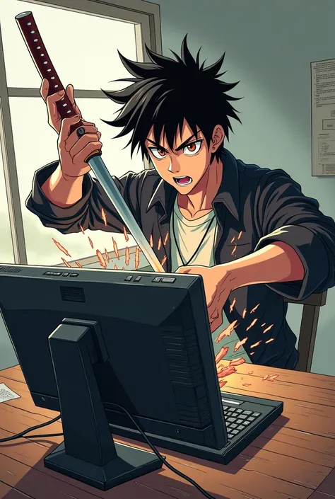 anime guy destroying pc with katana