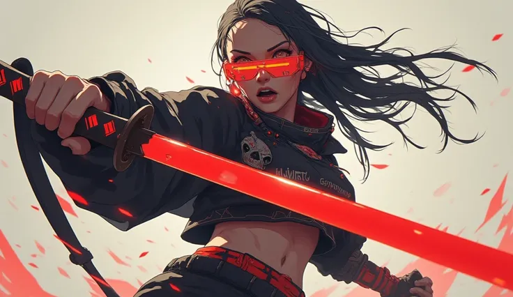 a woman with long hair and wearing digital red glasses and black croped top kimono with cyberweres and armors, she fights in 3D motion perspective view, she is in rage and anger and shouts, she is in a spatial depth of field fighting stance holding a red c...