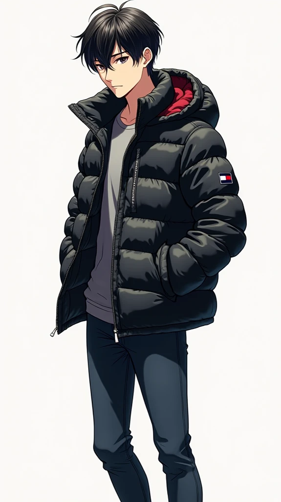  Japanese man、Age 25、ショート丈でstanding collar のダウンジャケット、 tight down jacket、Tommy Hilfiger、 athletes、The down jacket is black、Full body illustration、 manly、Cool and sporty 、 down jacket is standing up、黒色 shinyダウンジャケット、Clothes Pichi Pichi、muscle、Mischievous、The...