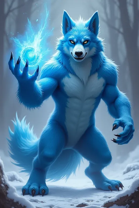 Half body, Blue dog with ice powers wielding his hand in a threatening manner in front of his face