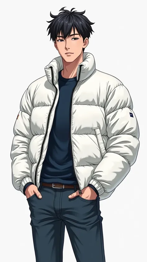  Japanese man、Age 25、ショート丈でstanding collar のダウンジャケット、 tight down jacket、Tommy Hilfiger、 athletes、The down jacket is shiny white、Full body illustration、 manly、Cool and sporty 、 down jacket is standing up、黒色 shinyダウンジャケット、Clothes Pichi Pichi、muscle、Mischievo...