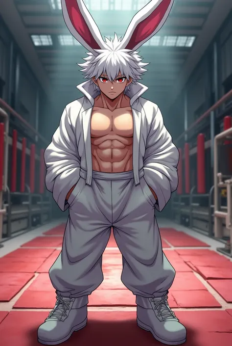  stocky male ,  white haired ,  eyes black red , wearing a female bunny suit,  background at fight training ground, Anime style 