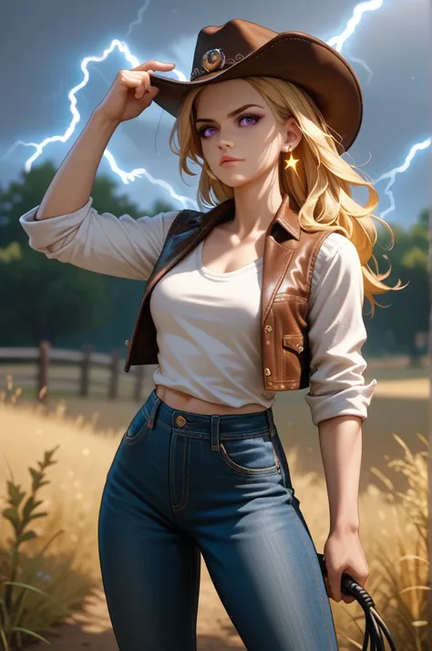 1girl, long golden blonde hair, violet eyes, cowboy hat, leather vest, white t shirt, jeans, defined abs, athletic build, whip rolled up in hand, lightning earrings, eyes glowing with thunder