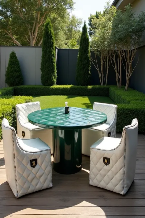 A luxurious outdoor seating set that resembles a white-black chess leather handbag, with a round, quilted green table and four matching handbag-shaped chairs with detailed stitching and metal buckles. The setup is placed on a wooden deck, surrounded by a l...