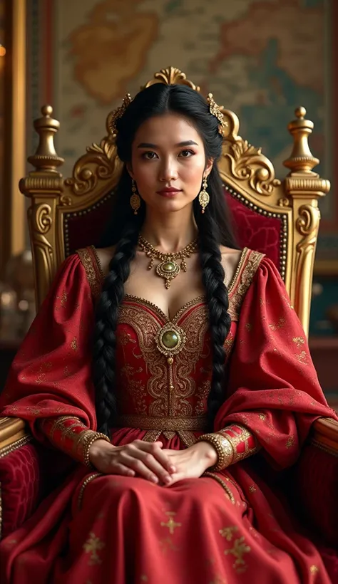 A Very Clear 4K Ultra HD Dynamic Image Of "A queen with fair skin, long black hair tied in a braid, adorned in red and gold royal attire, wearing heavy traditional jewelry with a confident expression, seated in an ornate golden throne room surrounded by ma...