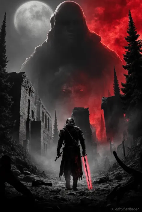  The cover depicts two contrasting worlds :  in the foreground — dark a ruined empire with the ruins of old buildings ,  with black clouds and figures hidden in the shadows ,  in the background — a gloomy forest with tall trees and dim light .  In the cent...