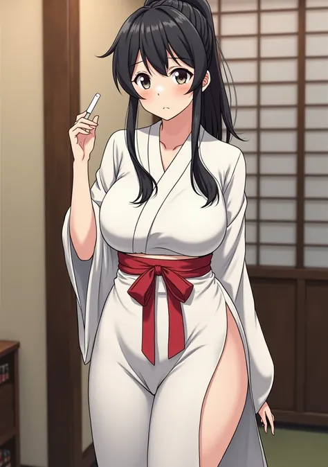  An adult woman of 25 years old wearing a long white dress also showing her neckline with a side slit in the thigh.  The dress has a red obi tied around the waist .  Her dark hair is tied in a high ponytail . She has a large breast size .  The background i...