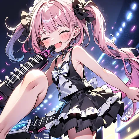 1girl, pretty face、Baby Face、((( dynamic best composition 、 best quality、 greatest masterpiece、 perfect anatomy 、 super detailed、 high definition)))、 neon light、 Vivid Neon Color Palette、Box Pleated Mini Skirt 、Diamond、( electric guitar in a beautiful city...