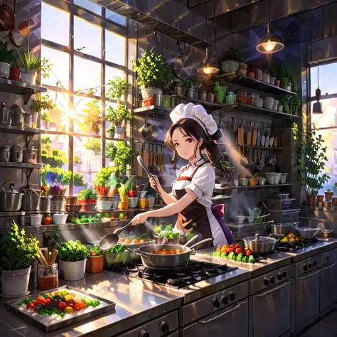 Image is a digital illustration featuring an anime-style character in a kitchen setting. The character is a young woman with fair skin and long, dark hair tied back, wearing a white chefs hat and a matching apron over a white shirt. She is standing at a st...