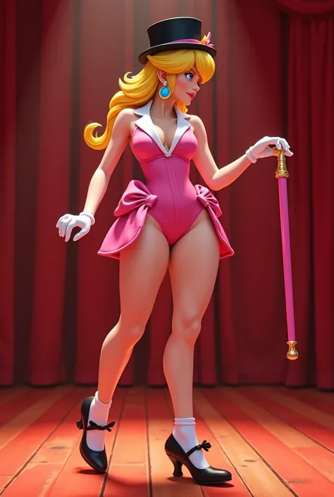 Princess Peach in a pink tuxedo leotard, pink bow, black top hat on her head, pink cane to tap dance with on her ands, with big thighs and big , lean body, black Mary Jane tap heels steels on the heels with black bows on top, with white socks, while tap da...